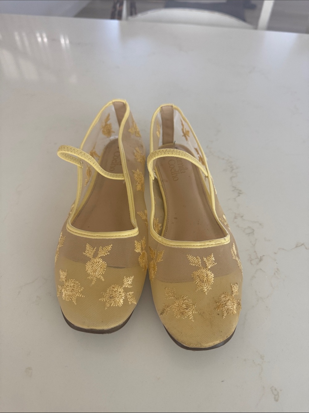 Camila Coelho Yellow Embroidered Mesh Mary Jane Flats